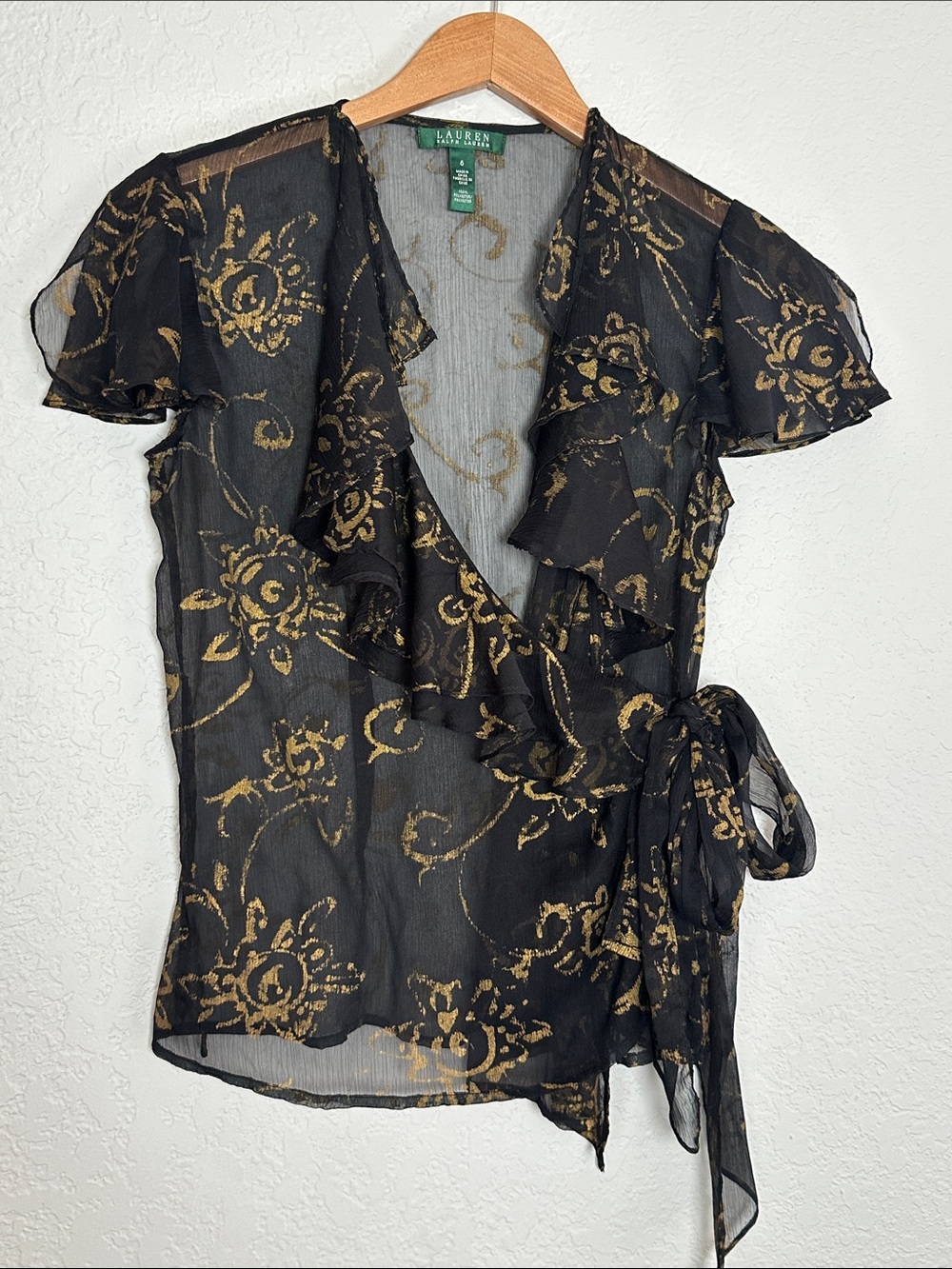 Ralph Lauren Black Sheer Wrap Top Gold Print Romantic Victorian Goth Vampire
